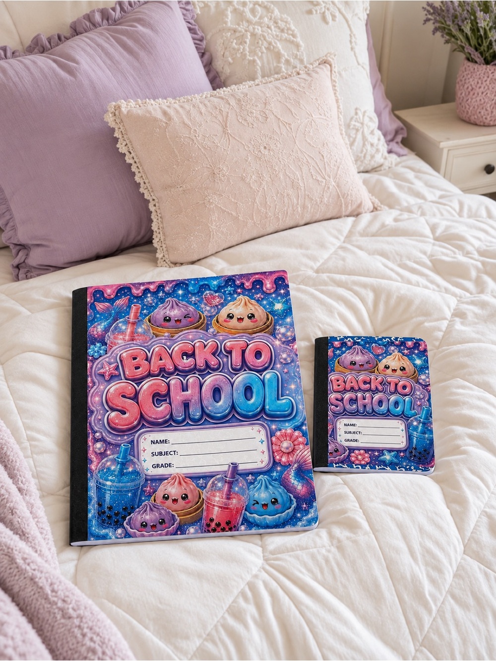 Back to School Floral Bubble Tea Notebook - Pink & Blue